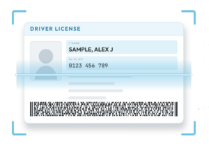 A driver's license being scanned: a blue scan beam passes over the card while the name, license number, and date of birth are automatically filled into verified fields marked with green checkmarks.