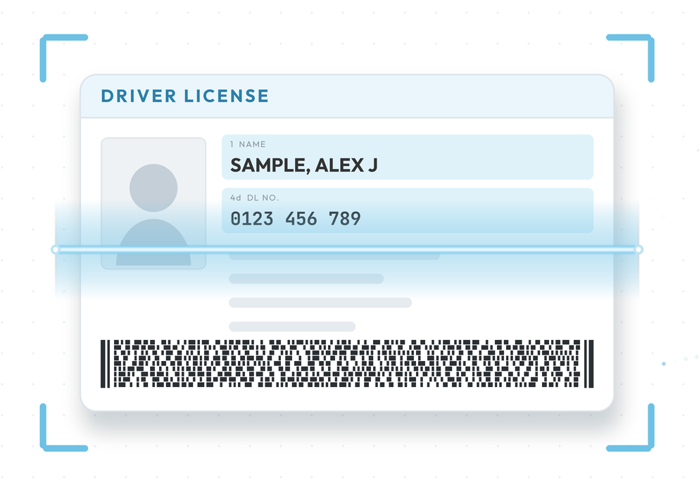 A driver's license being scanned: a blue scan beam passes over the card while the name, license number, and date of birth are automatically filled into verified fields marked with green checkmarks.
