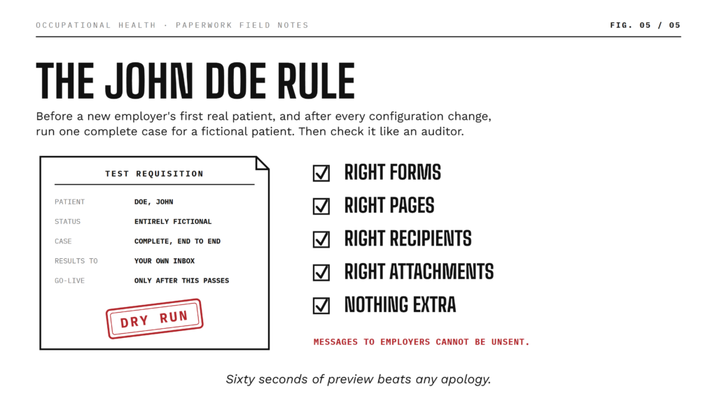 Infographic titled The John Doe Rule showing a test requisition form and a checklist: Right forms, right pages, right recipients, with a red DRY RUN stamp.