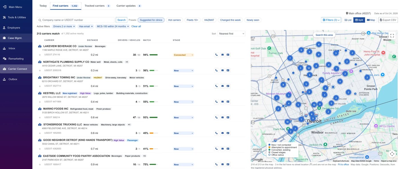 The Find carriers screen in MedFiller DOT Carrier Connect: a list of nearby carriers with badges, address, distance, drivers and vehicles, a match percentage and a stage on every row, beside a map of the same carriers.