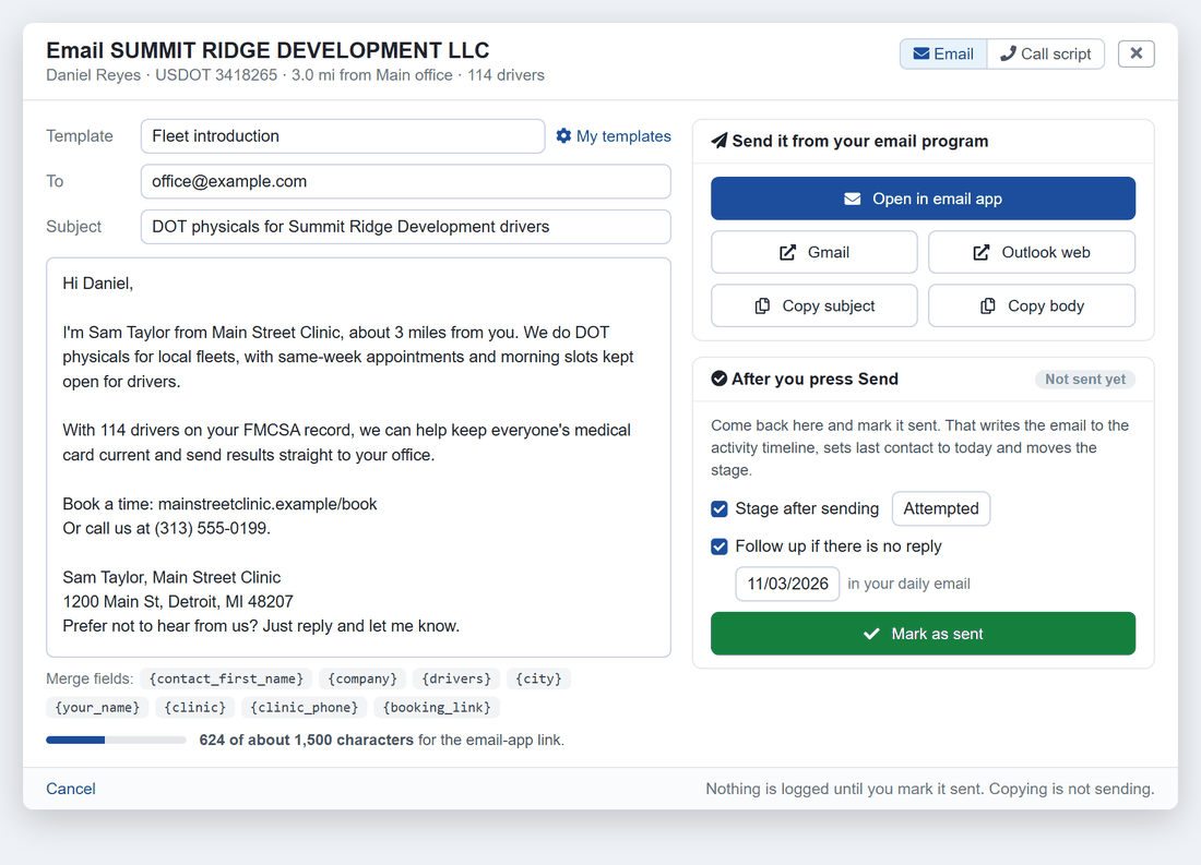 The MedFiller DOT Carrier Connect email composer: a fleet introduction template filled in for a carrier, with buttons to open it in your email app, Gmail or Outlook, and a Mark as sent button that sets the stage and a follow-up date.